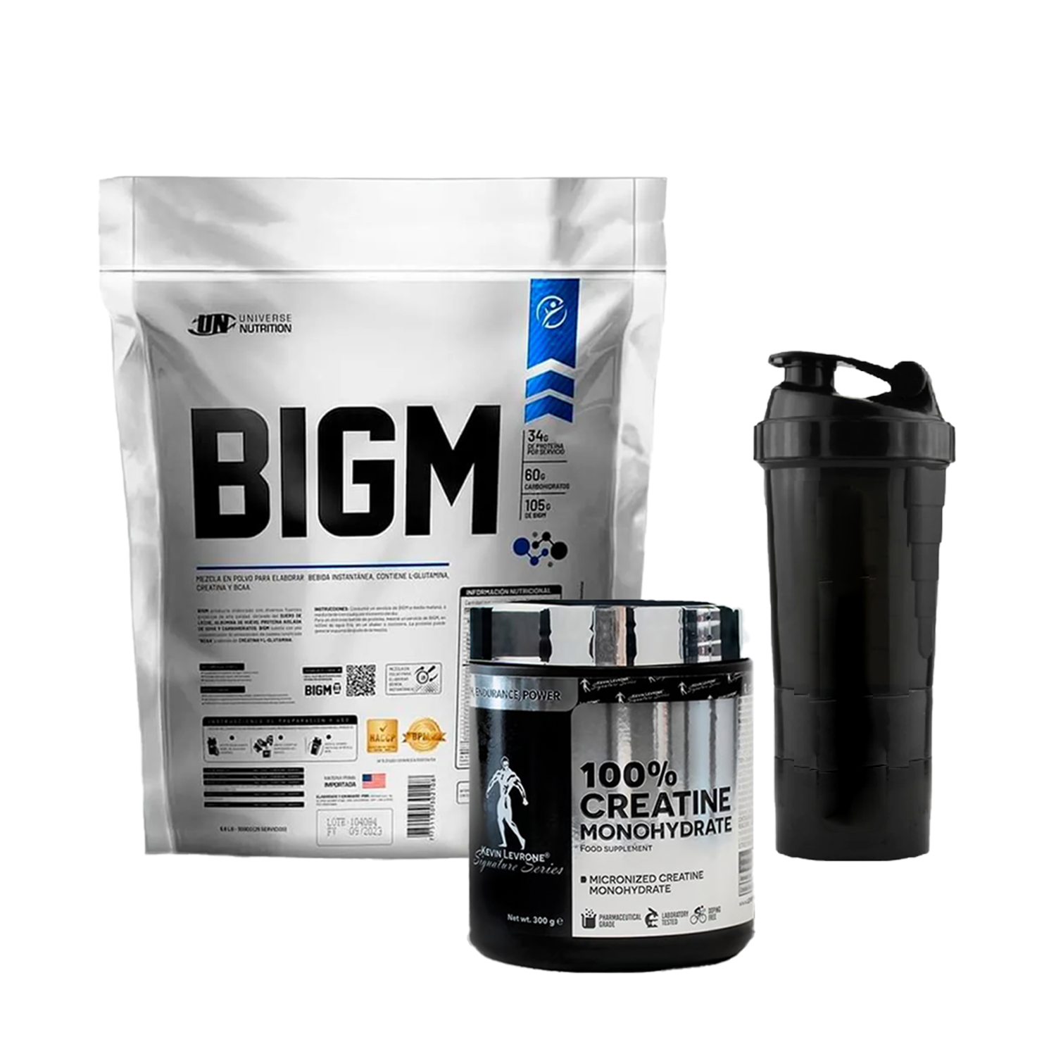 PACK Proteína BIGM UN + Creatina Kevin Levrone + Shaker