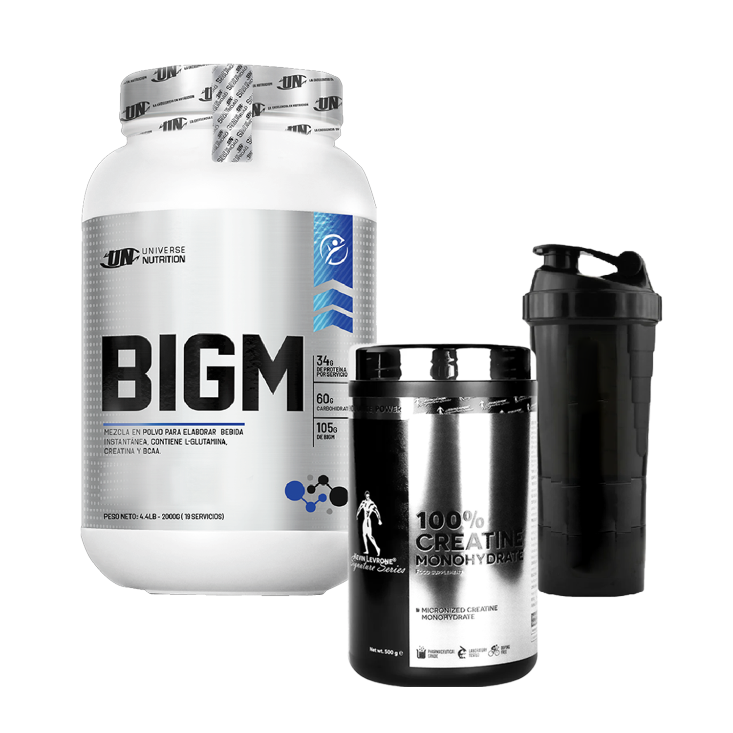 PACK Proteína BIGM UN + Creatina Kevin Levrone + Shaker